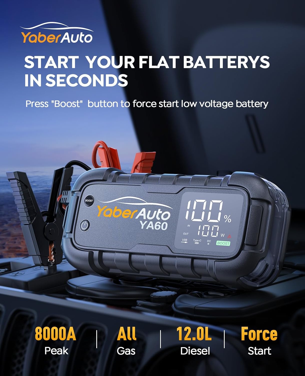 YaberAuto Jump Starter 8000A 65W Fast Charging (All Gas/12.0L Diesel) Portable Car Battery Jump Starter Pack, Jump Box Car Battery Jumper Starter Portable Jumper Cables, 150W DC, 600LM Lights - Image 2