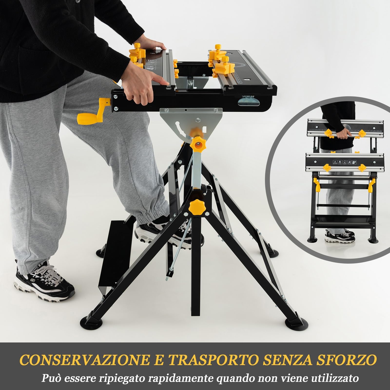 GYMAX Banco da Lavoro Pieghevole Portatile, con Piattaforma Inclinabile, Altezza Regolabile a 7 Livelli e Morsetti Scorrevoli, Tavolo da Lavoro per Casa Garage Officina