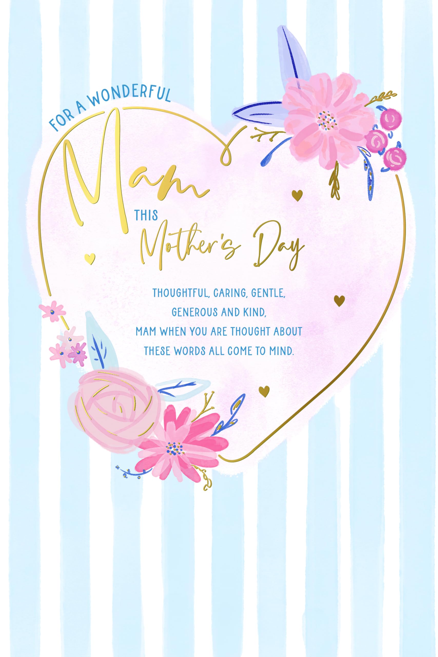 Beautiful Mother's Day Card For Mam With Flowers, Blue Stripes And Paper Insert by Wishing Well Studios, Size 6 x 9 Inches