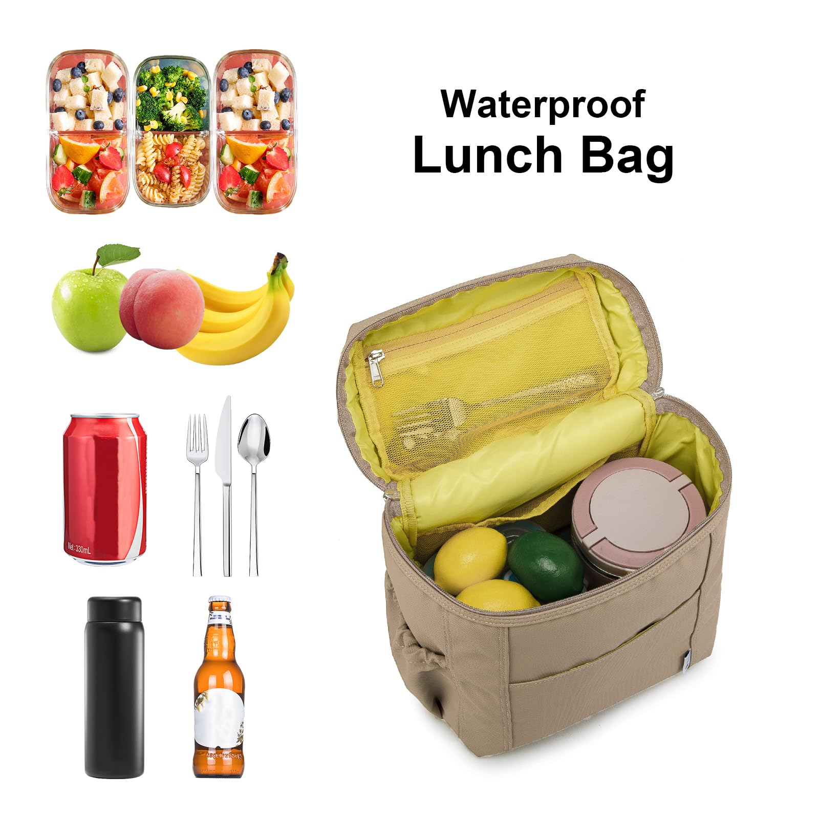 NOL - Borsa termica per il pranzo, da donna, in nylon leggero, impermeabile, per lavoro, cachi, grande, 12 l