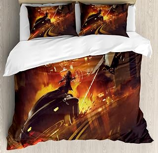 Lunarable Modern Duvet Cover Set, Outer Space Chase Scene of a Shuttle Aeroplane and a Car Road Work of Art, Decorative 3 Piece Bedding Set with 2 Pillow Shams, California King, Multicolor