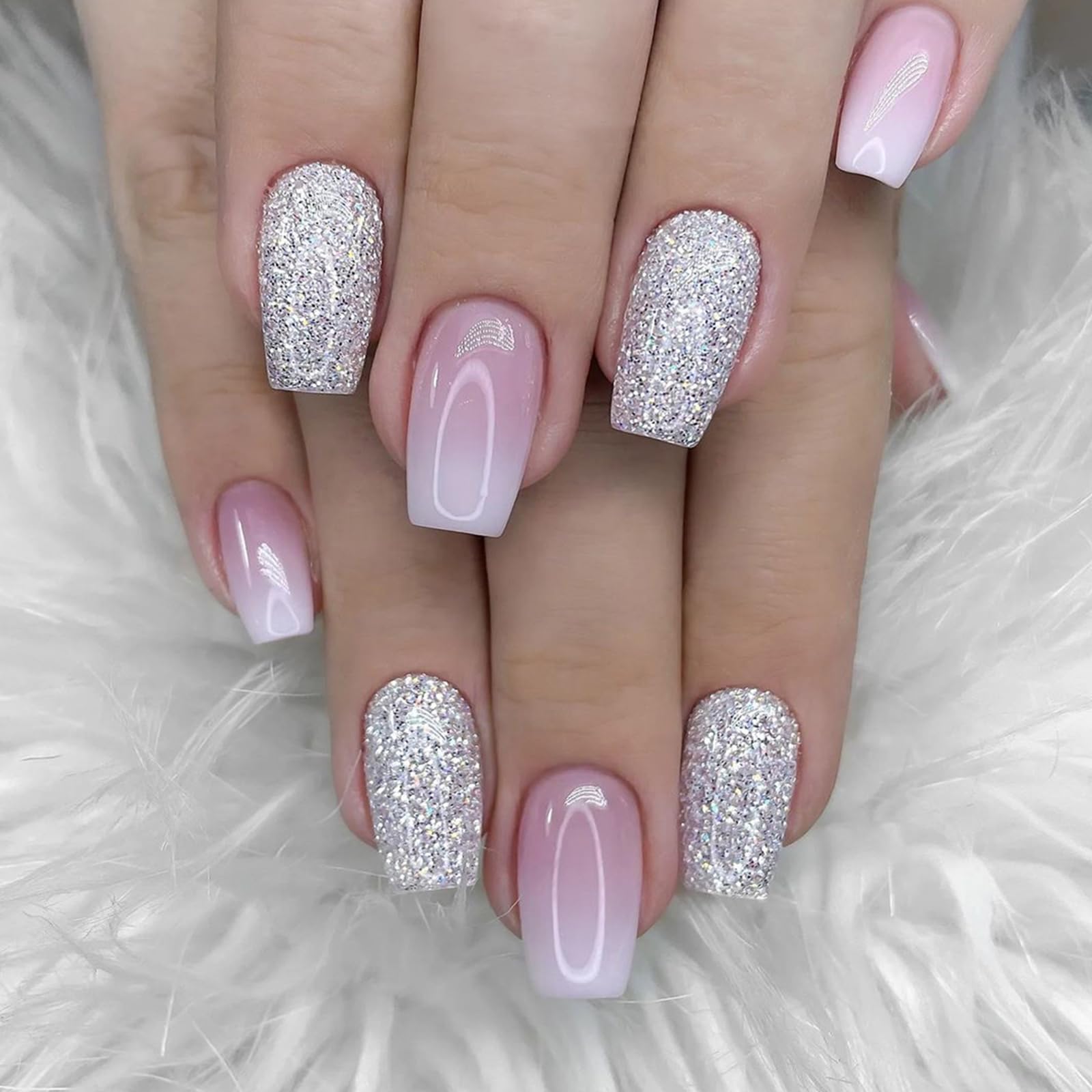 24 Piezas Uñas Postizas Cortas Cuadradas, Ballerina Uñas Falsas Rosa Degradado Brillante Acrilicas Press on Nails, Artificiales Adhesivos de Uñas para Mujeres y Niñas, 12 Tamaños