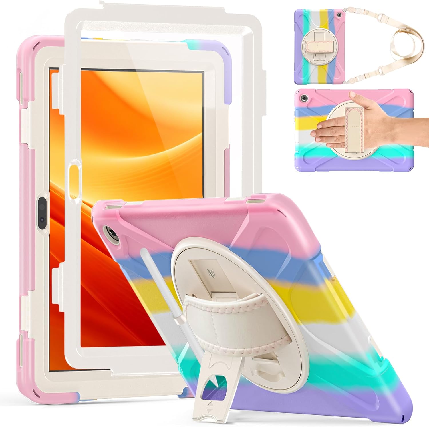 Weuiean Case for 10 13th Generation 10.1" 2023, Military-Grade Heavy-Duty Shockproof Cover with 360° Rotating Stand, Built-in Pencil Holder & Adjustable Hand/Shoulder Strap - Colorful Pink
