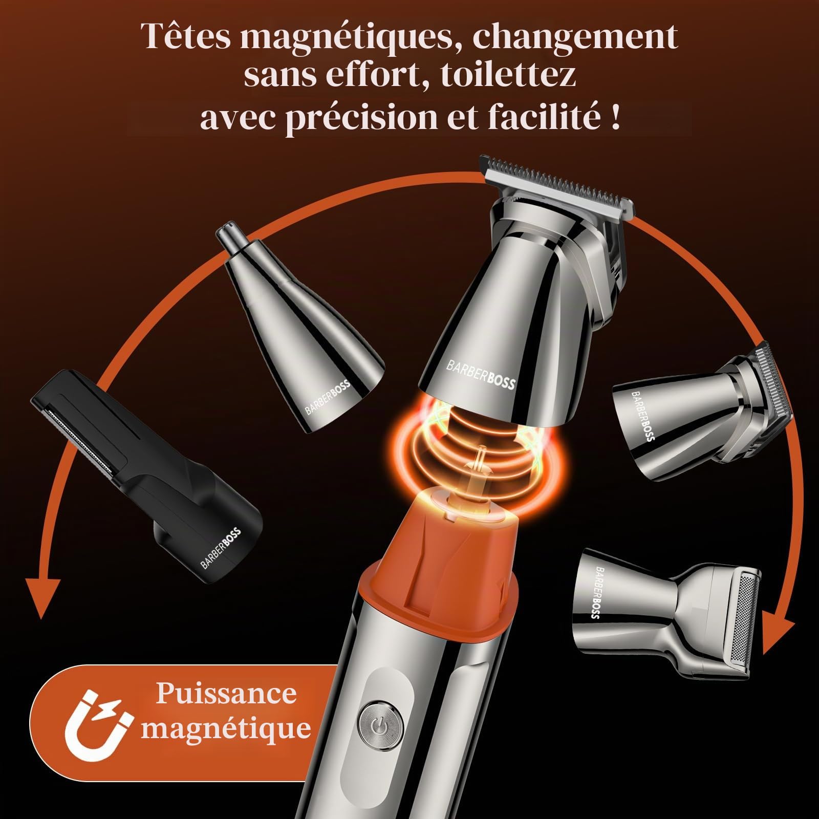 BarberBoss Kit tondeuse à barbe sans fil pour homme, rasoir 5 en 1 avec tondeuse à cheveux, tondeuse nez, recharge USB-C et lames en acier inoxydable, toiletteur corporel