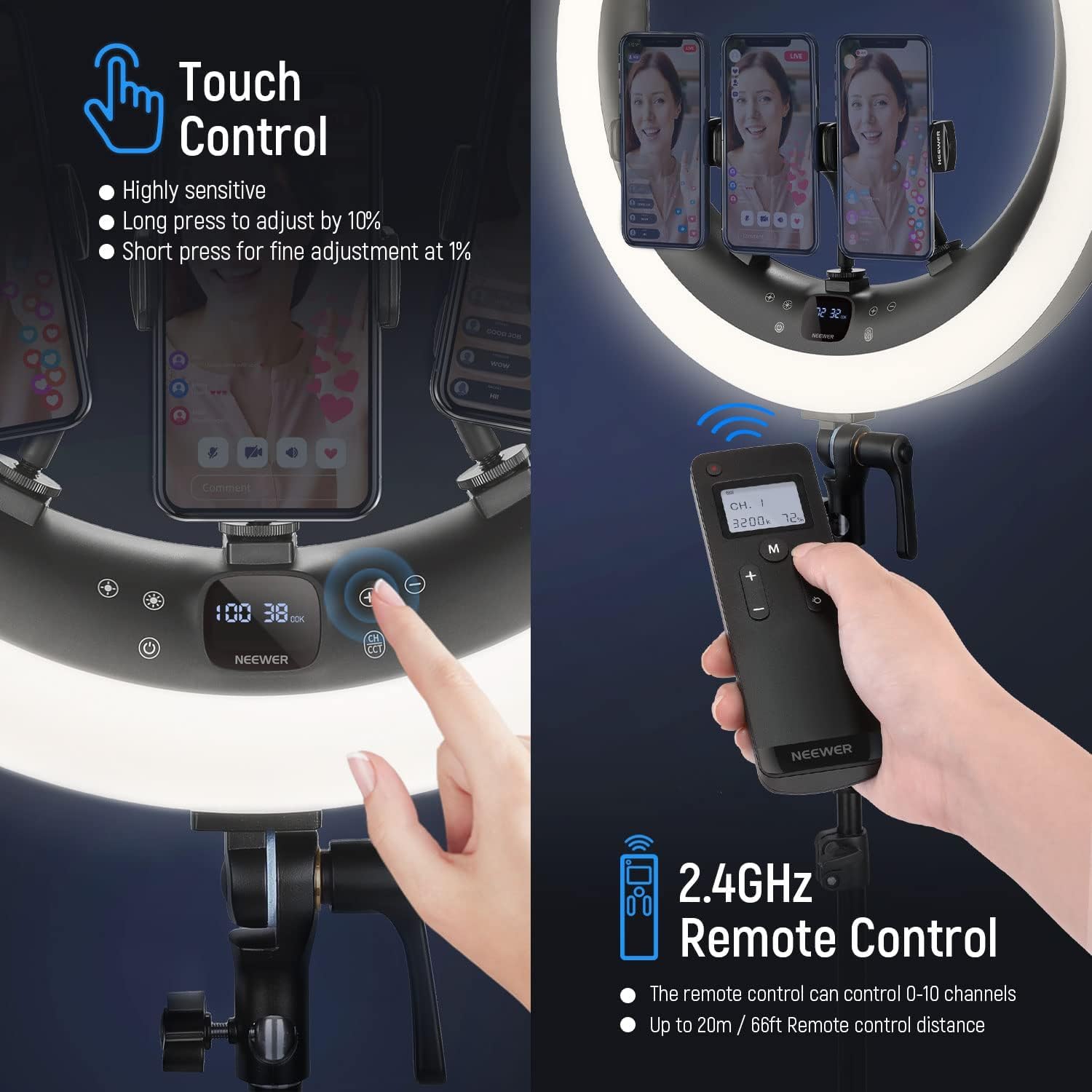 Neewer 19" Ring Light Luce ad Anello con Stand 3200K-5600K per Selfie Streaming Zoom RP19H