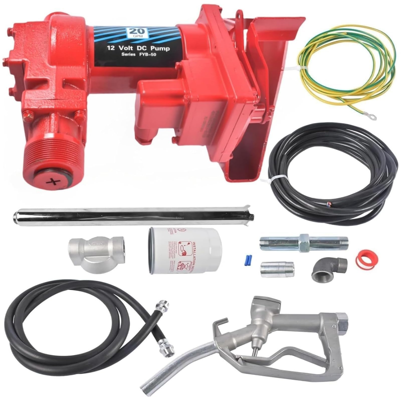 20 GPM 12V Fuel Transfer Pump with Manual Nozzle & Particulate Filter, High Flow Gas Iron Heavy Duty DC Transfer Pump for Gasoline, Diesel Fuel,