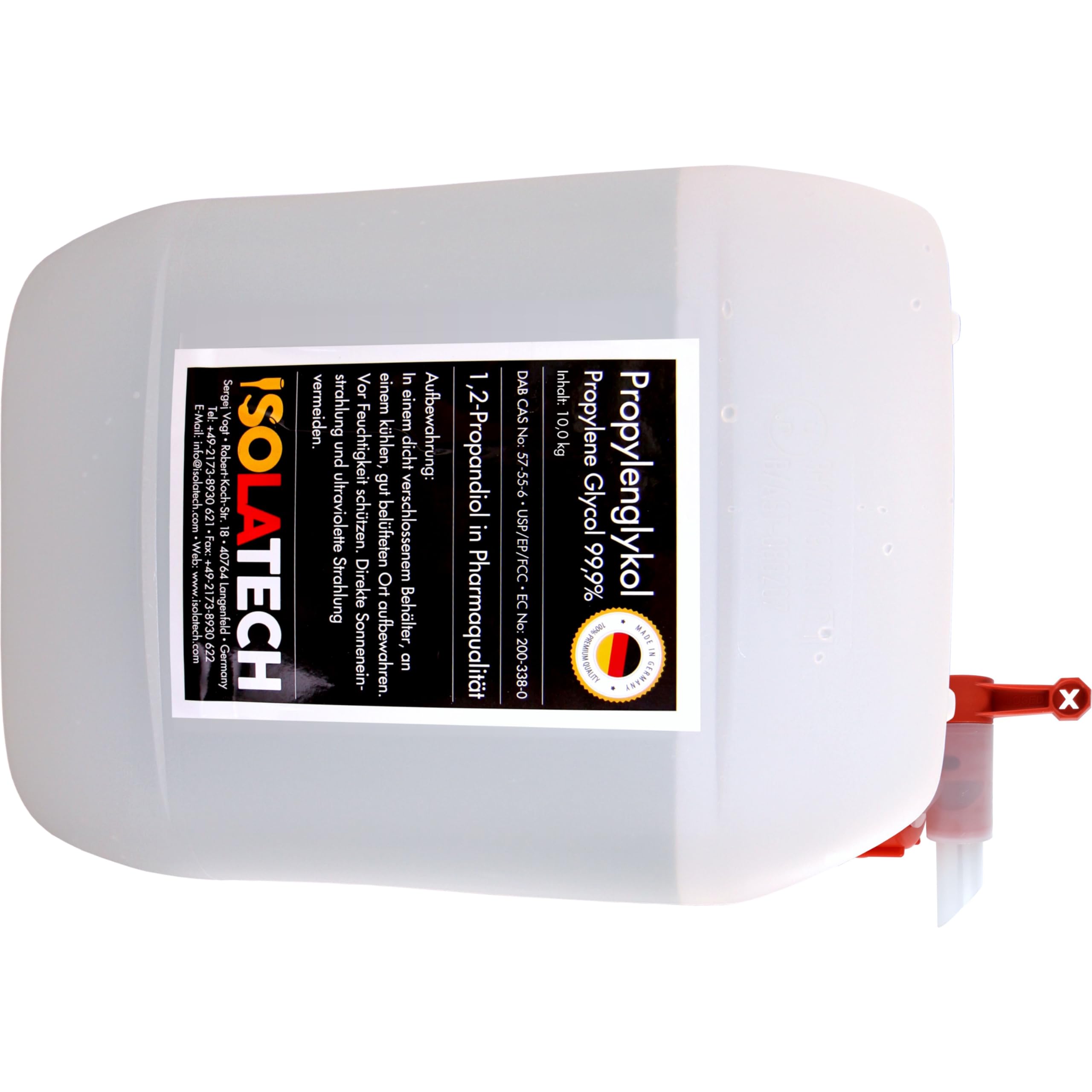 ISOLATECH Propylenglykol 10L 99,9% in Pharmaqualität | Für Lebensmittel & Kosmetik | Farblos, Geruchlos | 1,2 Propandiol im Kanister | Mit SABEU Fluxx Auslaufhahn | Made in Germany