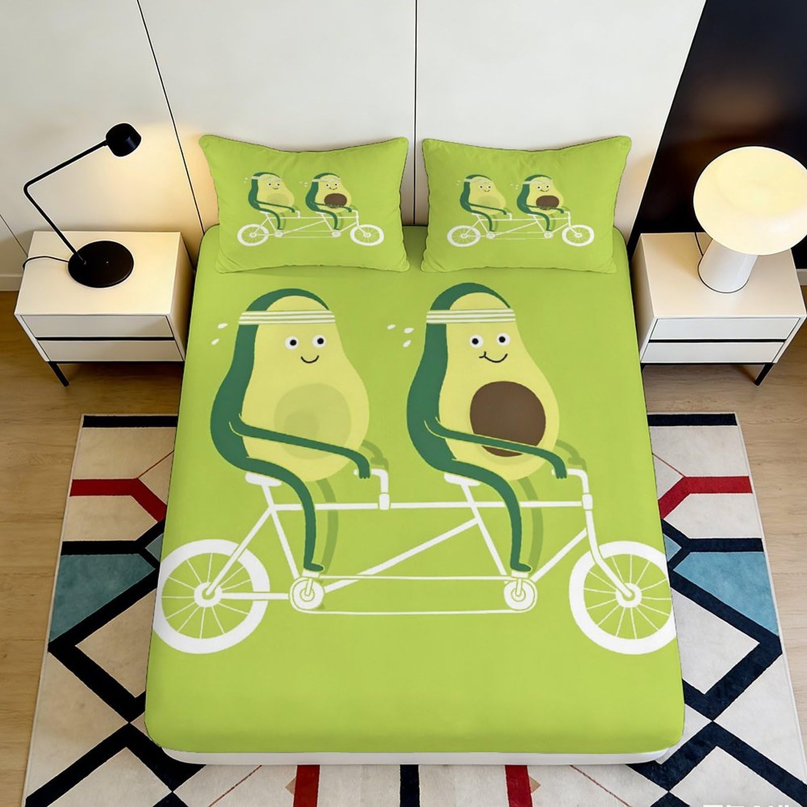 3D Printed Avocado Cycling Cartoon Fitted Sheet Microfiber Deep Pocket Avocado Mattress Fitted Cover Elastic Hem Washable Bedding 200x200x25cm