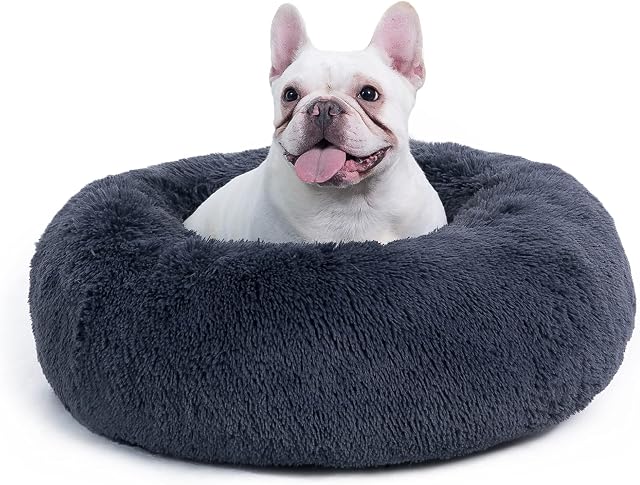 Bedsure Donut Dog Bed Medium - Fluffy Calming Puppy Beds, Round Washable Doughnut Kitten Cat Large Sofa Bed, Grey, 60×60×20cm