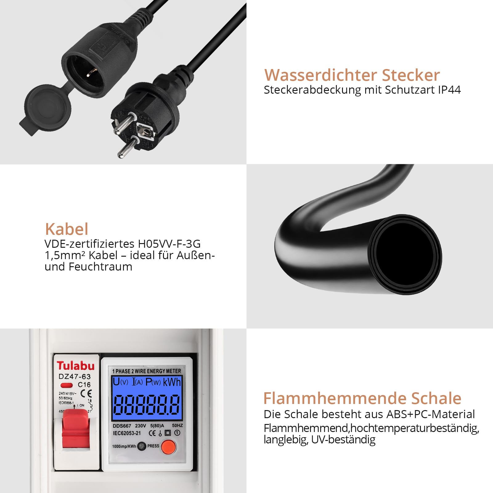 Kamtop Mobiler Digitaler Stromzähler, 230V 16A Outdoor Mobile KWH Messgerät mit LS-Schalter und Schuko, 2x1.5M Gummikabel, IP65 wasserdicht Zwischenzähler für Camping, Wohnmobil & Outdoor