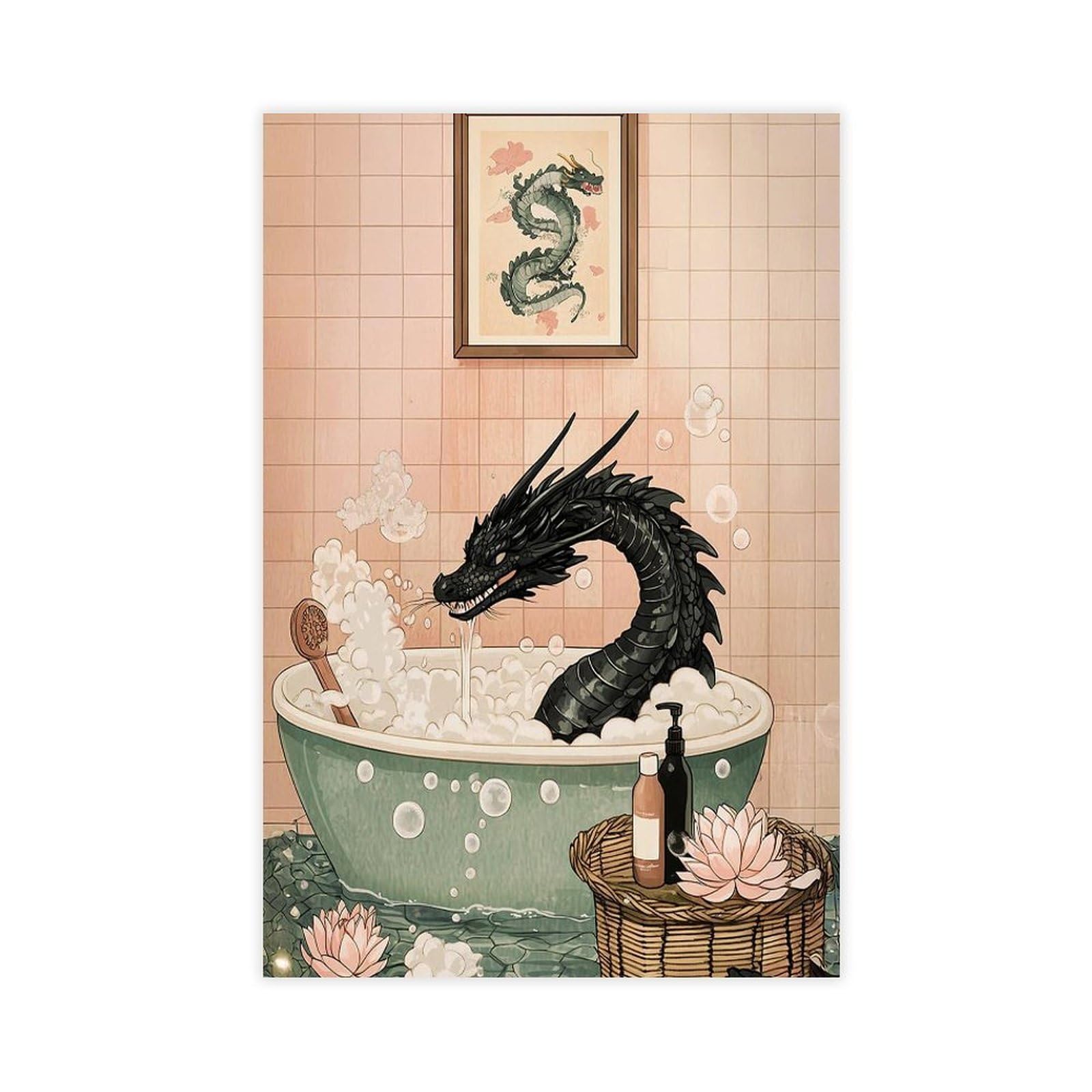 Bareronor Japanese Dragon in Bathtub Canvas Poster Bedroom Decor Landscape Office Room Decor Gift 8" L X 12" W