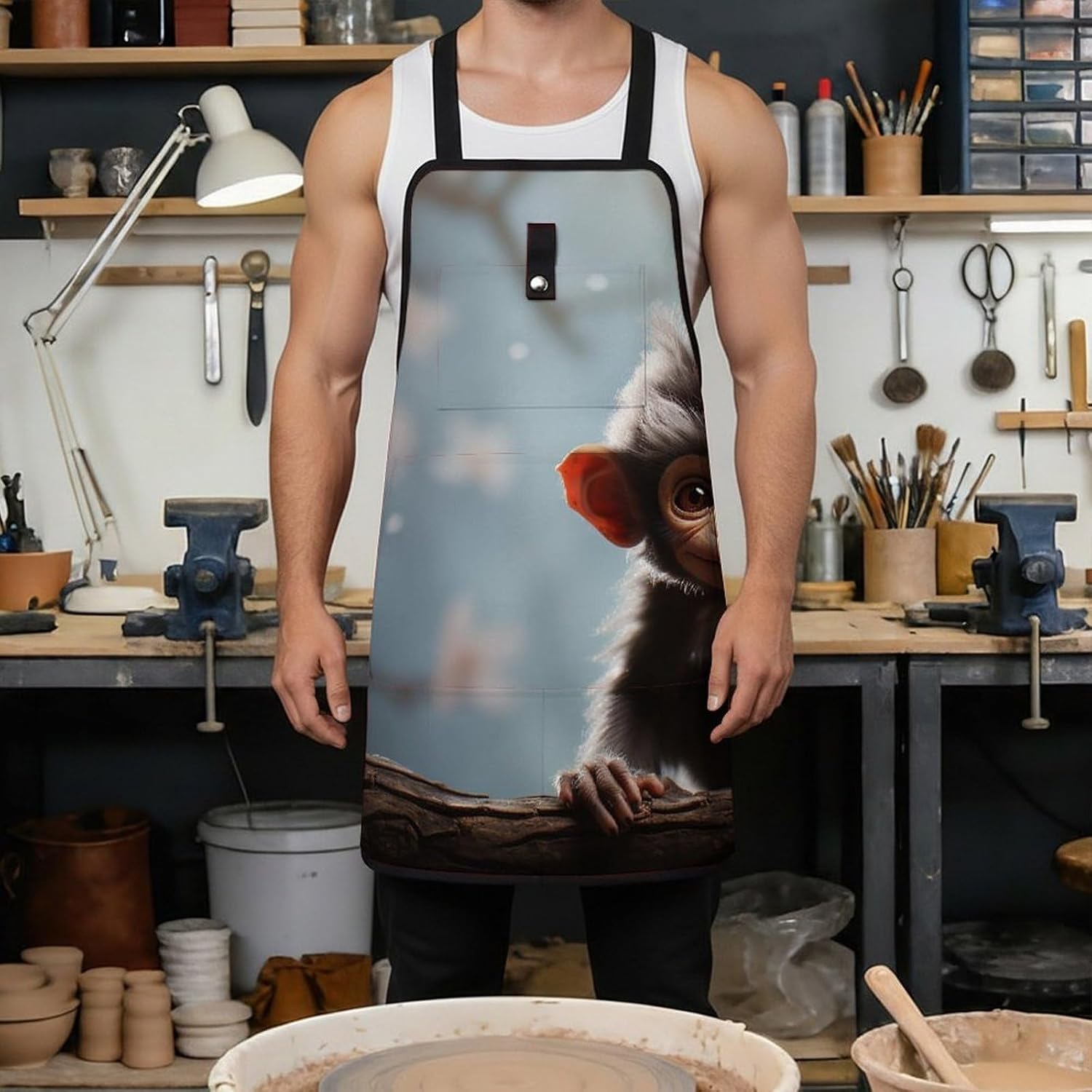 Cute Monkey Work Apron with 8 Tool Pockets Fully-Adjustable Cross-Back Carpenter Apron for Workshop Cooking Cleaning Woodworking Gardening Welding & DIY Enthusiasts image 4