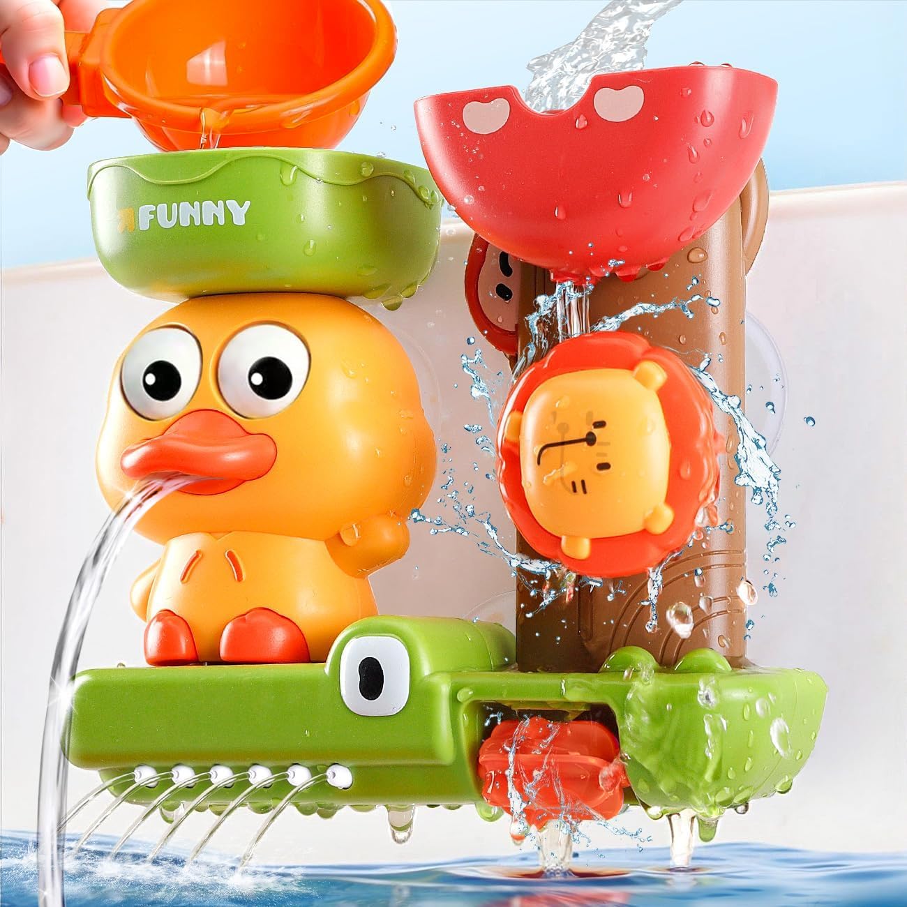 Badespielzeug Baby ab 1 Jahr mit 3 Saugnäpfen für extra stabilen Halt | Interaktives Wasserspielzeug mit Wasserrad & Gießkanne | Badewannenspielzeug Geschenk für Jungen & Mädchen
