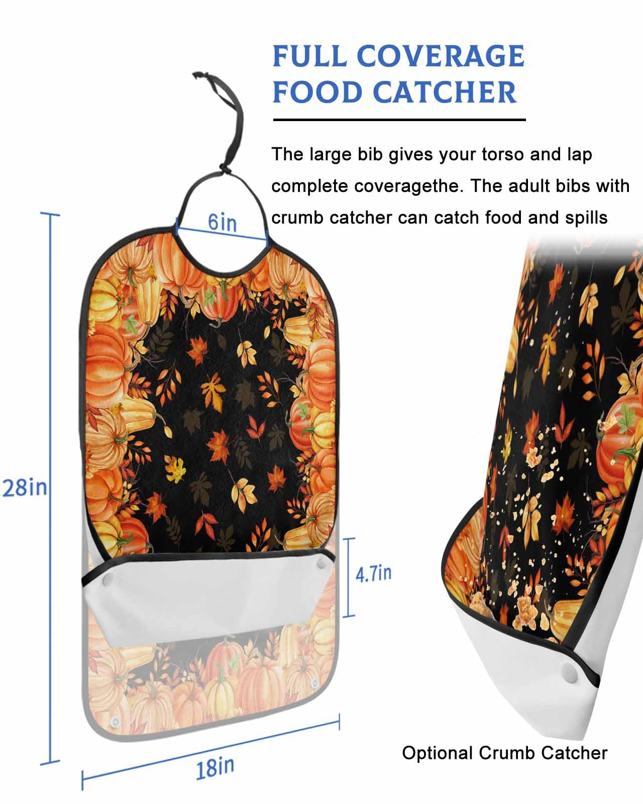 LEOKOTI Orange Yellow Fall Adult Bibs for Eating, Waterproof Bibs with Food Catcher & Snap Closure, Pumpkins Harvest Botanical Thanksgiving Black Washable Clothing Protectors Adult Bibs for Elderly