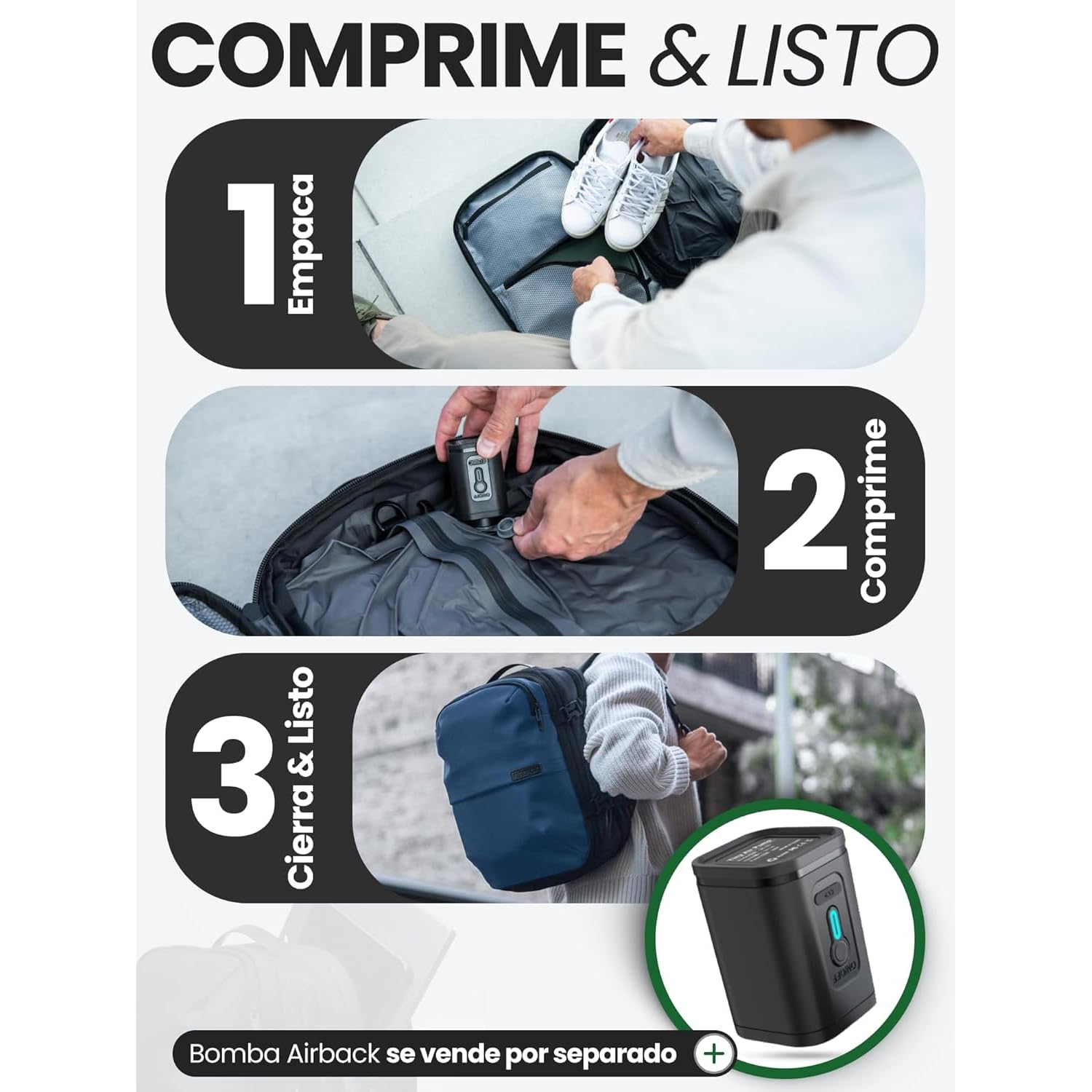 Airback GO Mochila Viaje Vacio - 16-32L, Mochila de Compresión al Vacío, Mochila Cabina, Bolsas de Viaje Ligeras y Ampliables, Cómodas y Resistentes al Agua, Azul