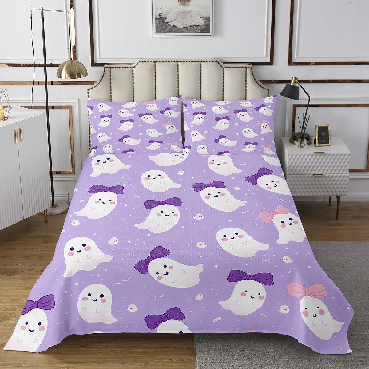 Happy Halloween Bedspread Queen Size,Ghost Pumpkin Bat Bedding Set for Kids Boys Girls Room Decor,Spider Web Tree Branch Quilt 3Pcs,Halloween Horror Animal Coverlet Set,2 Pillowcases