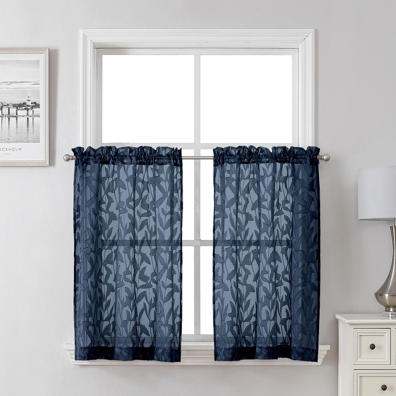 Lecloud Leia Navy Blue Sheer Kitchen Curtains 30 Inch Length 2 Pcs, Leaf Textured Voile Modern Jacquard Tiers, Dual Rod Pocket Window Treatments for Bedroom Living Room, 30" W x 30" L โ image 1