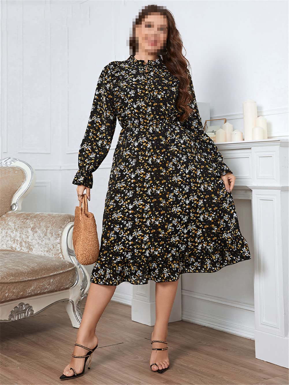 Vsadsau Vestido midi de gasa con estampado floral para mujer, talla grande, vestido de fiesta de manga larga abombada