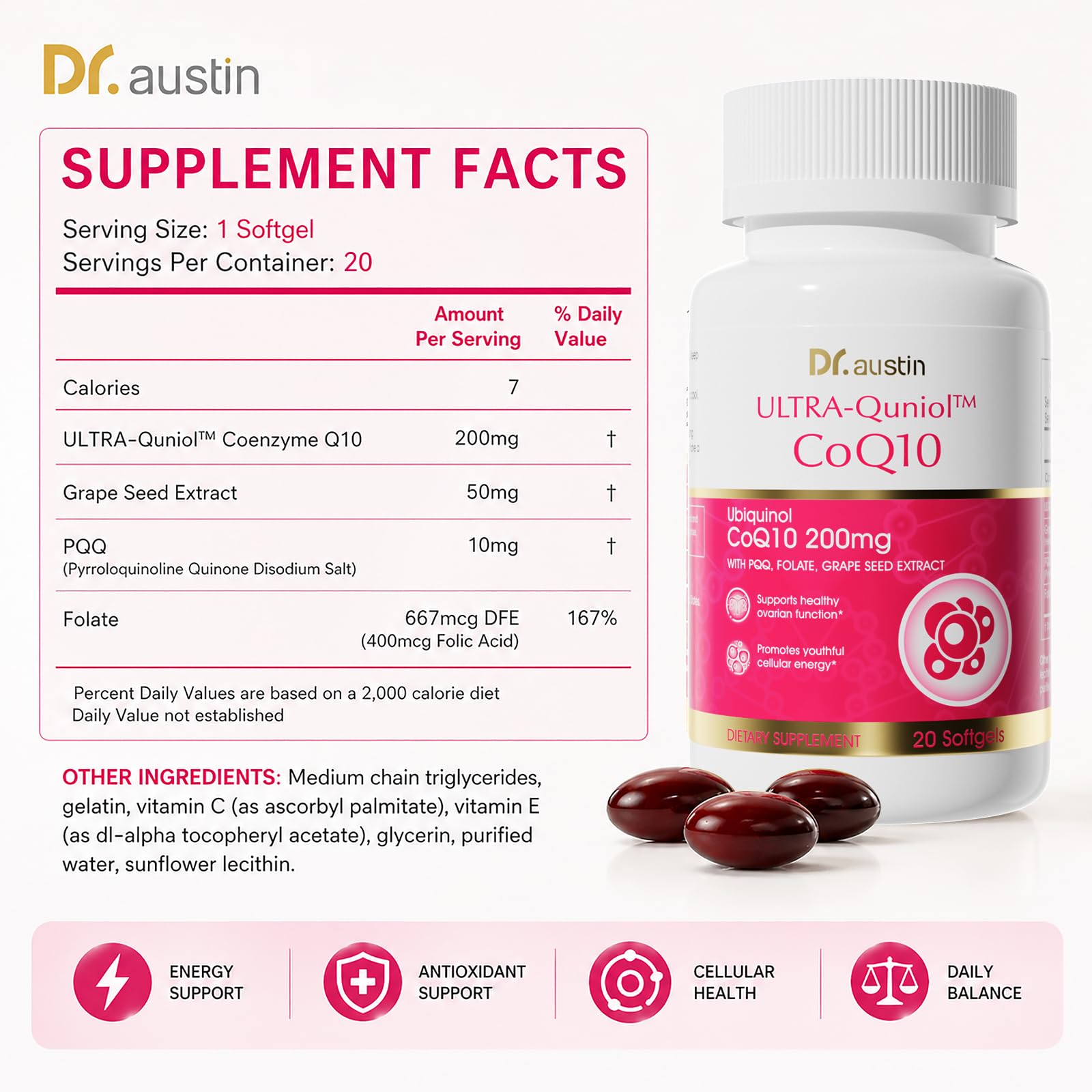 Dr. Austin CoQ10 200mg Ubiquinol Softgels with PQQ, Grape Seed Extract & Folate, High Absorption Q10 Supplement for Heart, Energy & Cellular Wellness — Amazon image 2