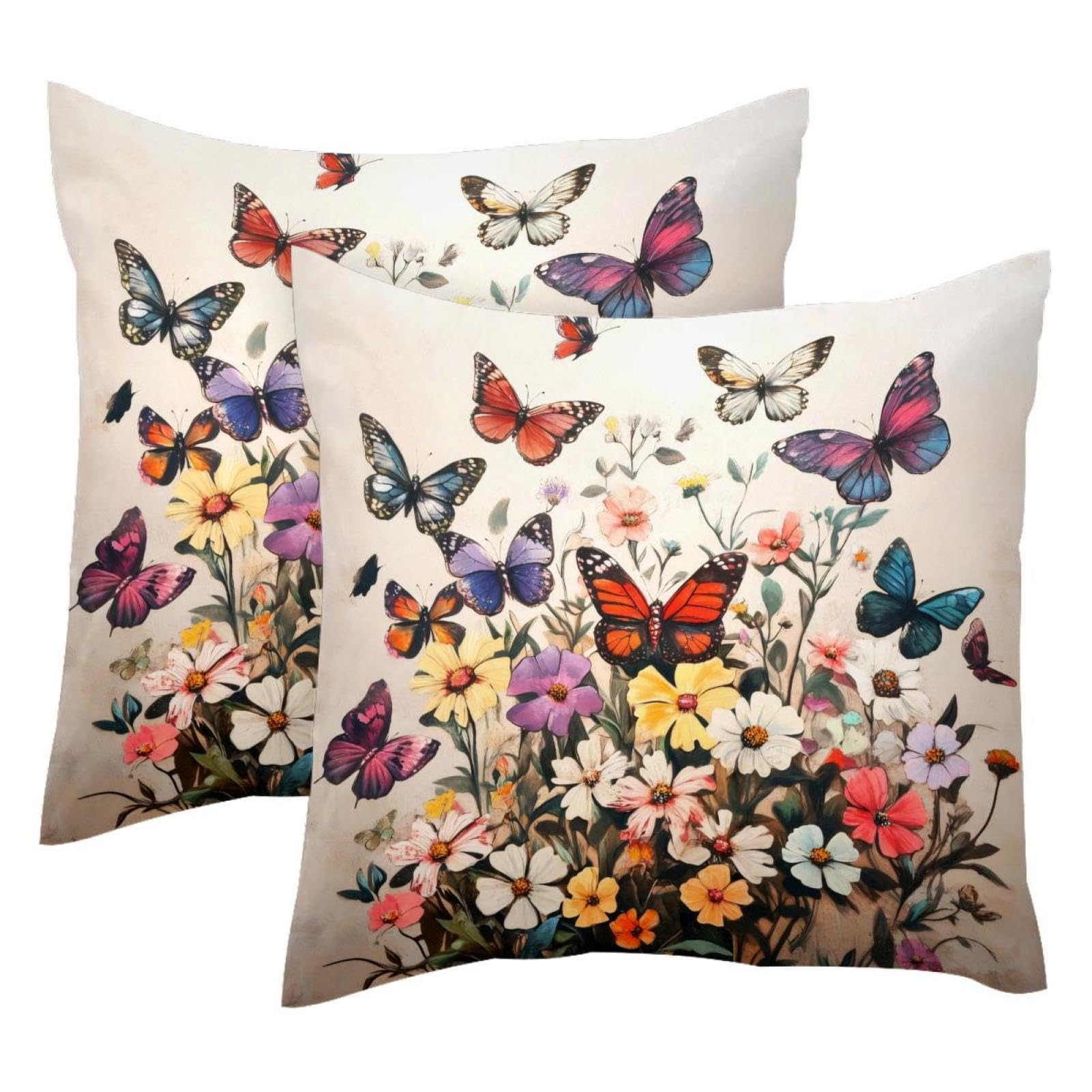 Housses de coussin velours 50 x 50 cm fleurs papillon lot de 2