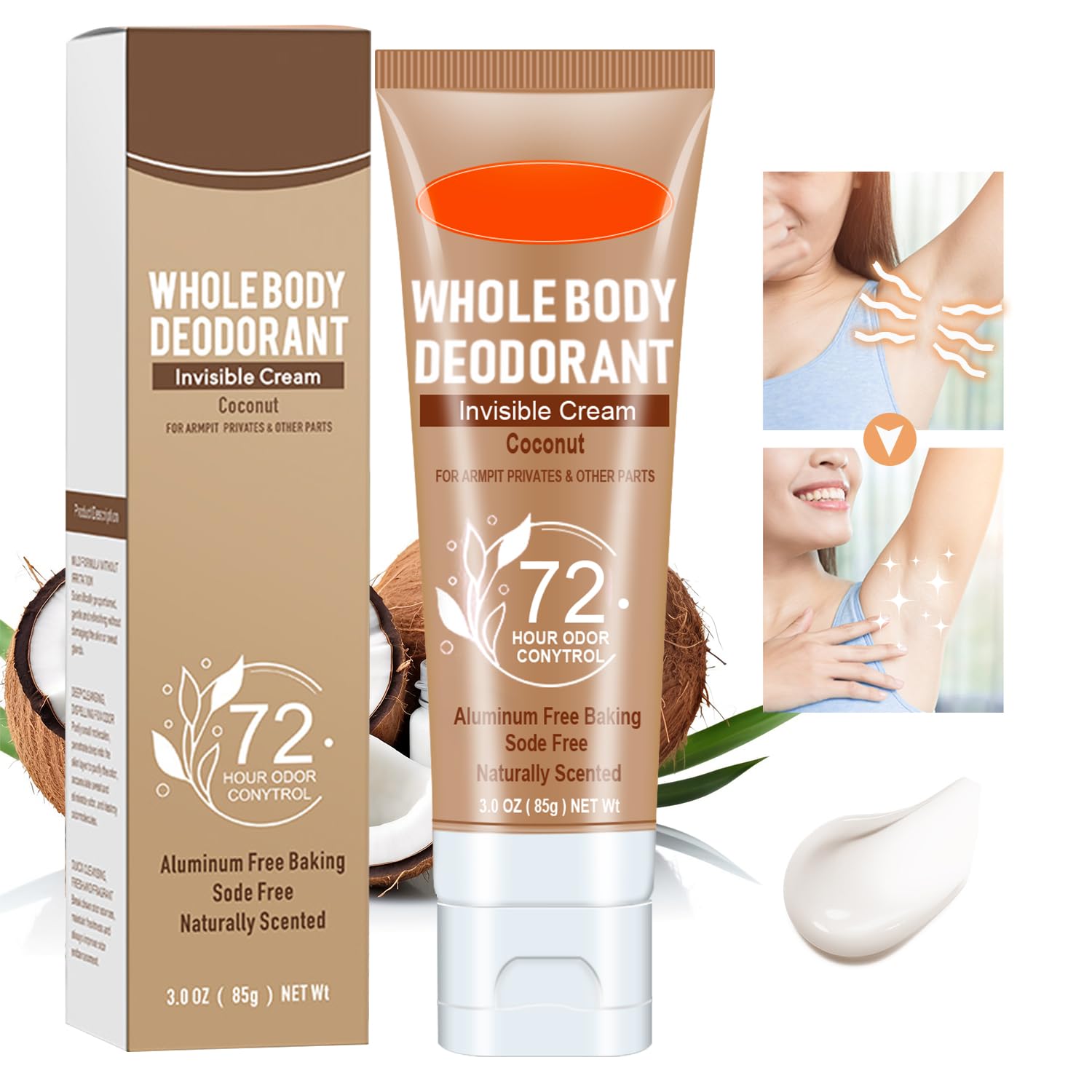 Whole Body Deodorant for Women, 72 Hour Odor Control, Women’s Deodorant, Invisible Cream Body Deodorant, Deodorant for Men & Women, All Day Odor Protection, Aluminum Free,3.0 Oz (Coconut)