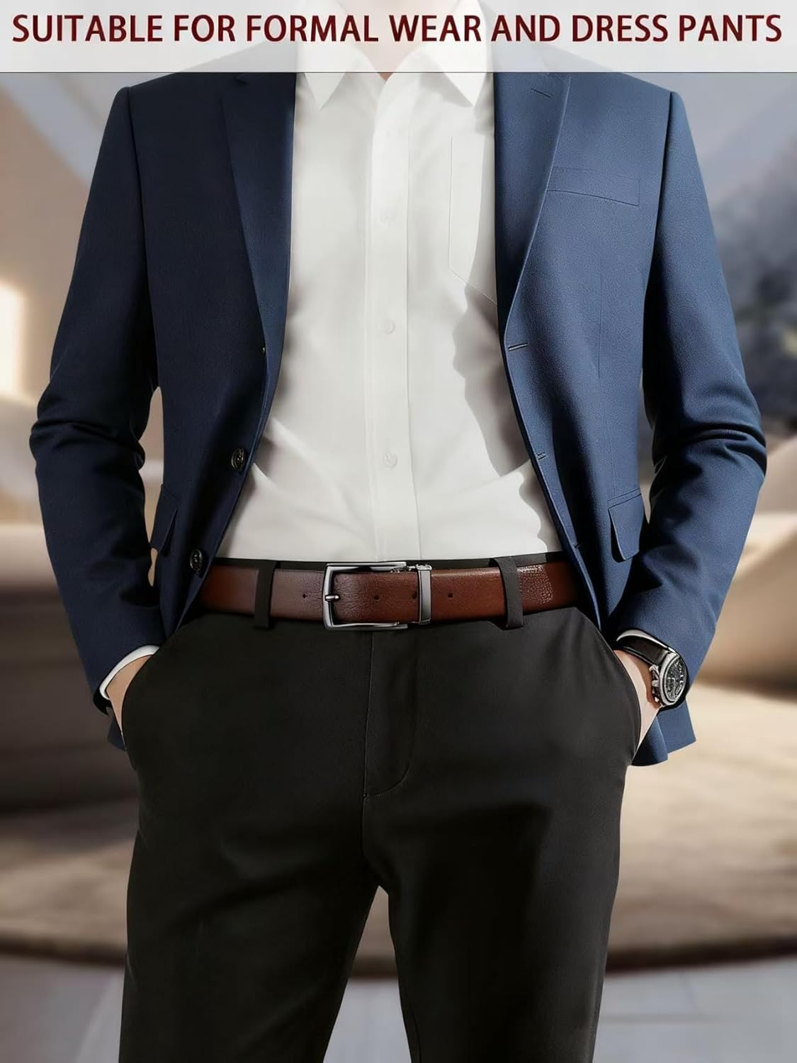 Men's Genuine Leather Dress Belt, 1.38" Wide, Premium Cowhide Business Casual Belt, Classic Design for Work and Formal Wear - Image 3