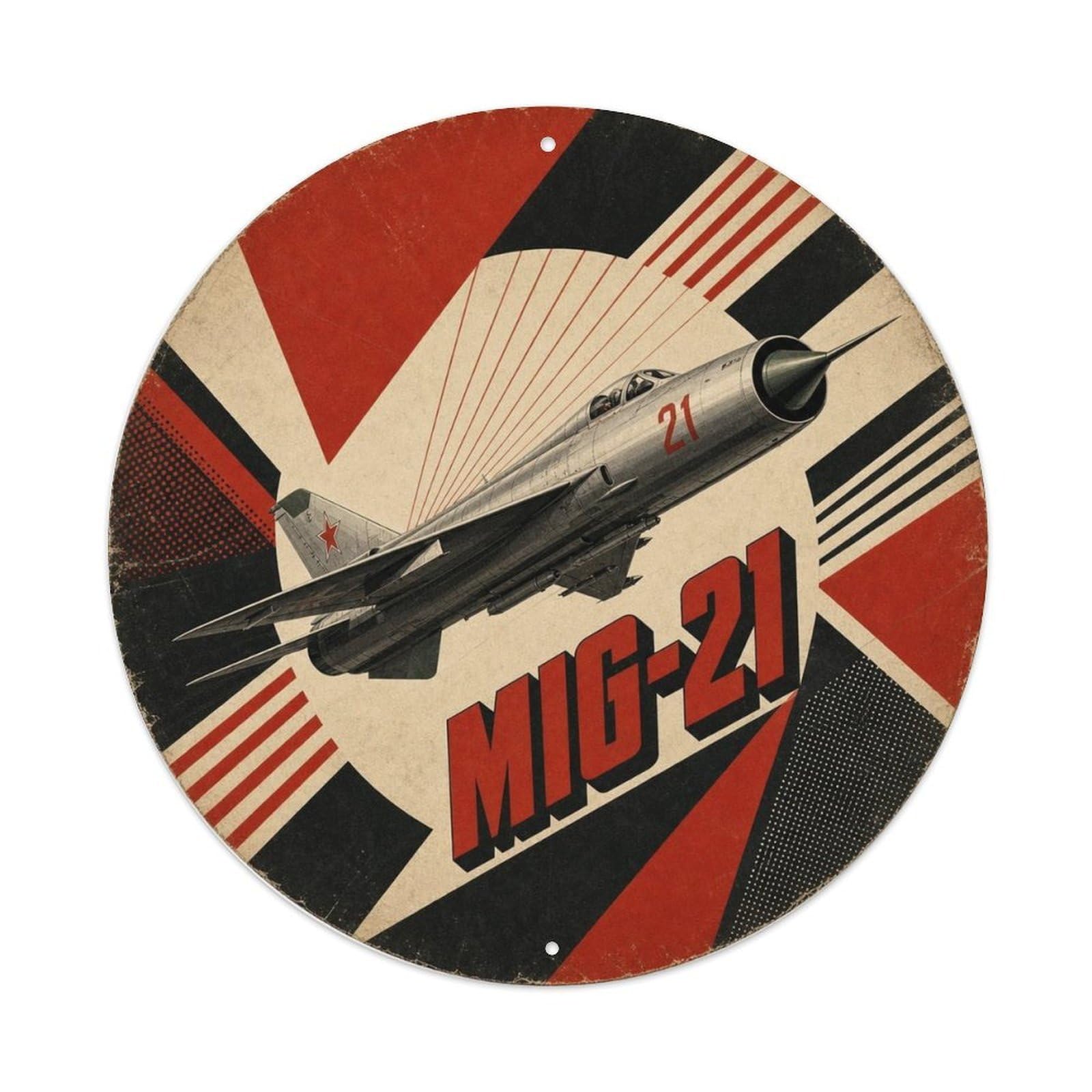 MiG-21 Soviet Aviation Fighter Jet Constructivist Retro Metal Tin Sign Plaque Wall Decor for Cafe, Man Cave, Club Bar, Office, Home Garden Round Metal Poster 8x8Inch