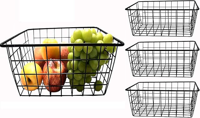 EVADOW 4 Pack Metal Wire Storage Baskets for Household Item Multipurpose Wire Baskets Organizer Bins for Home Office Desk Cabinet Shelf Storage - Black