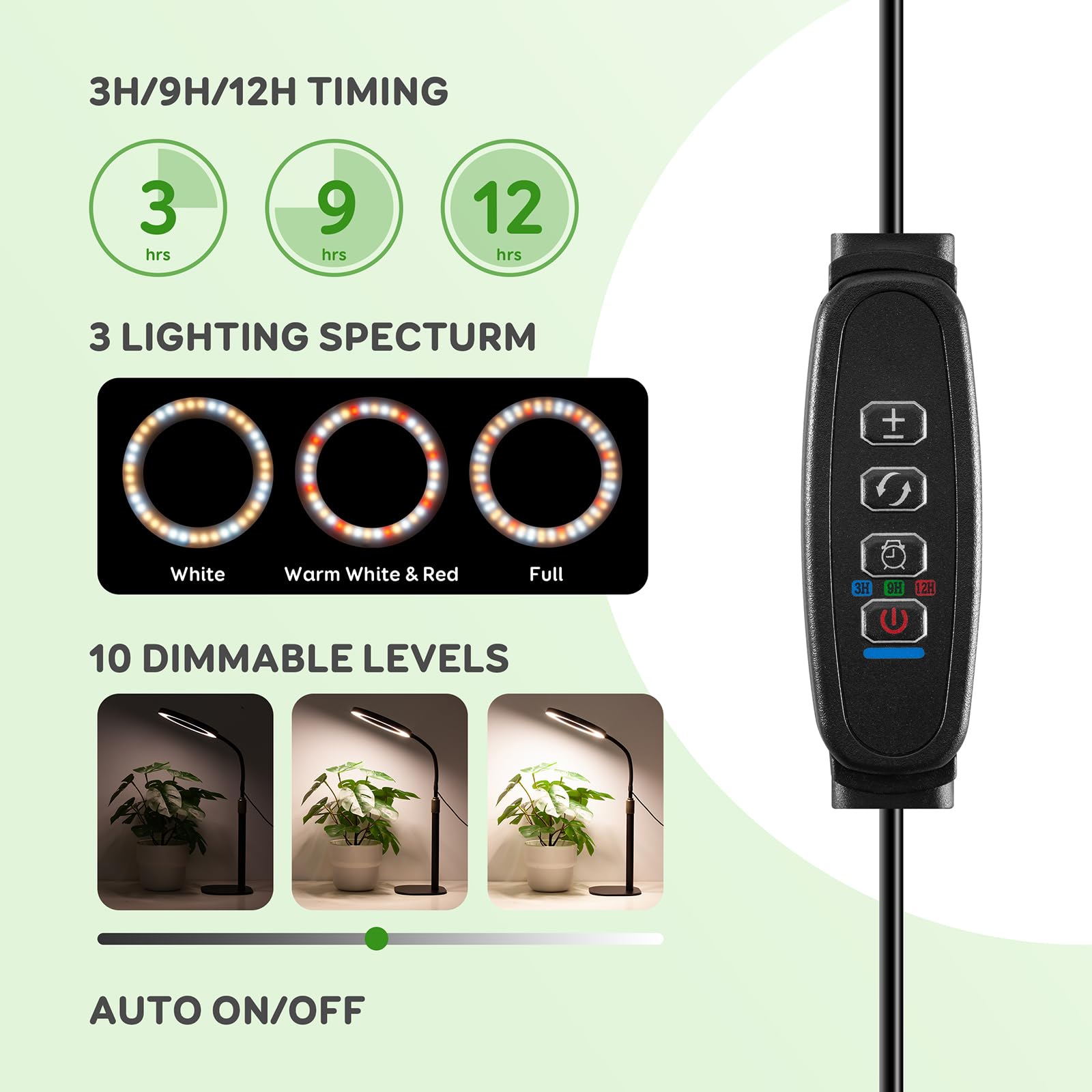 COKOLILA Lampada LED per Piante, Luce per Piante da Interno, Spettro Completo, Timer auto 3/9/12H, Altezza Regolabile 30-63 cm, 3 Modalità, Base Stabile in Metallo, Ideale per Piante da Interno