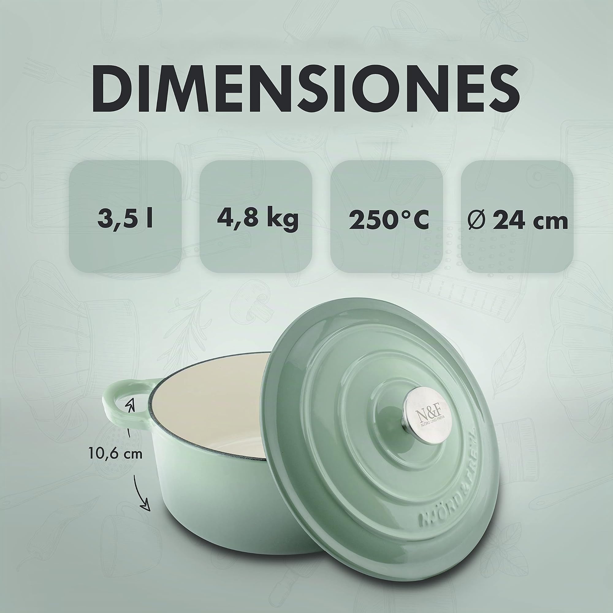 Njörd & Freya - Cazuela de Hierro Fundido, 24 cm de Diámetro, Cacerola con Tapa, Olla de Hierro Fundido, Revestimiento Esmaltado, Apto para Todo Tipo de Cocinas e Inducción