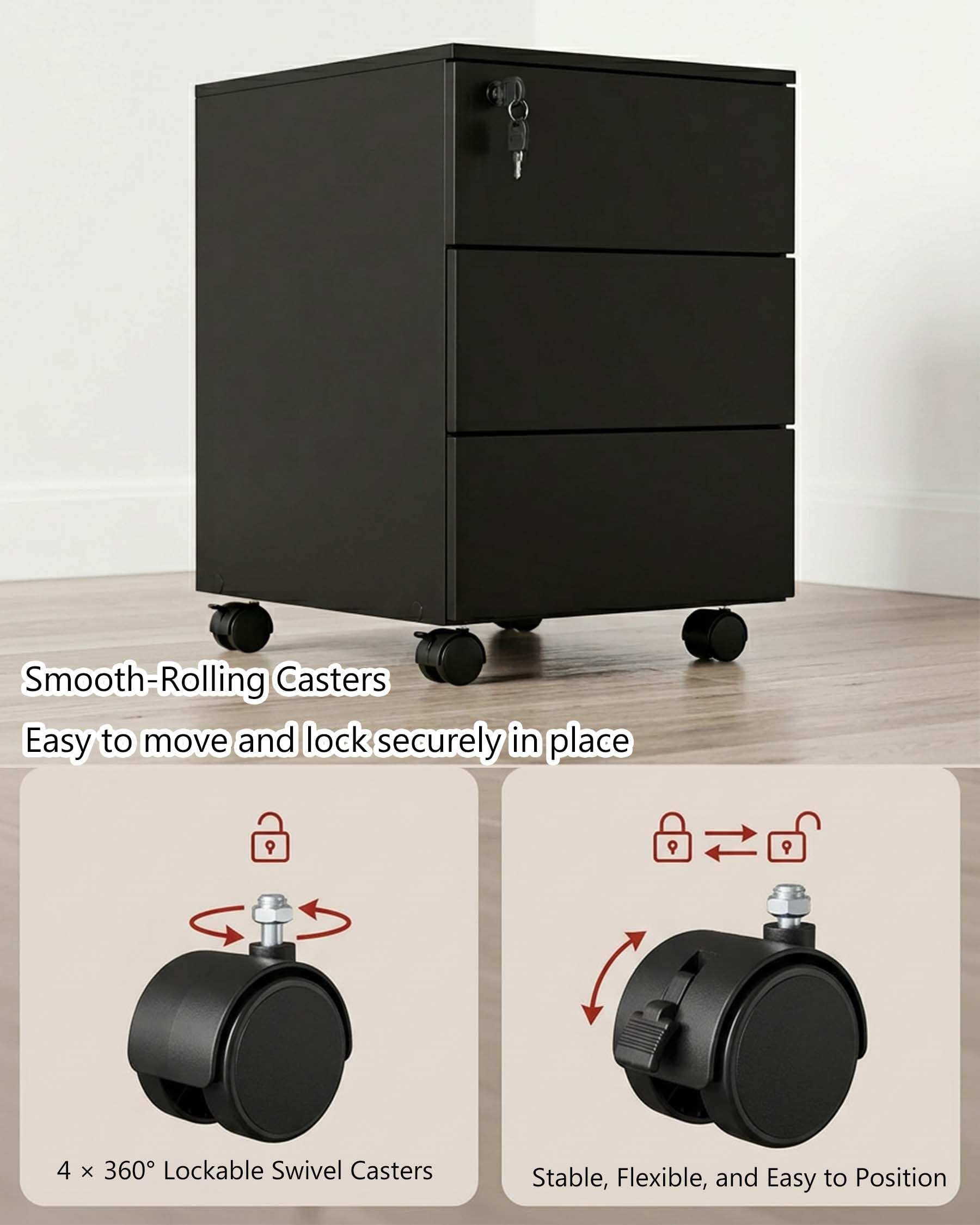 Cassettiera Scrivania Ufficio con Ruote e Chiave, Cassettiera Nera 3 Cassetti, Schedario da Ufficio, Mobile Ufficio sotto Scrivania, Mobiletto con Chiave, 39 x 45 x 54 cm