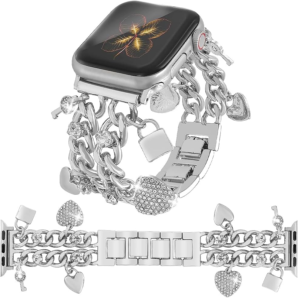 YONWORTH Cuban Chain Band Compatible with Apple Watch Bands 38/40/41/42/44/45 46 49mm Women,Bling Diamond Chain Dressy Metal Wristband Cute Charms Pendants for iWatch Series 10 9 8 7 6 5 4 3 SE Ultra