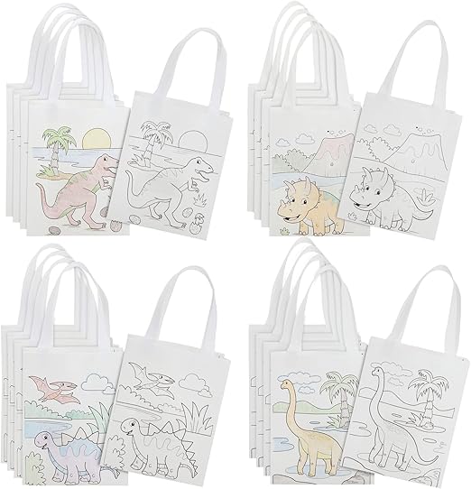 BLUE PANDA Reusable Coloring Goodie Bags with Handles - Dinosaur Tote Coloring Bag for Kids Dinosaur Birthday Party Favors (8x10 In, 20 Pack)