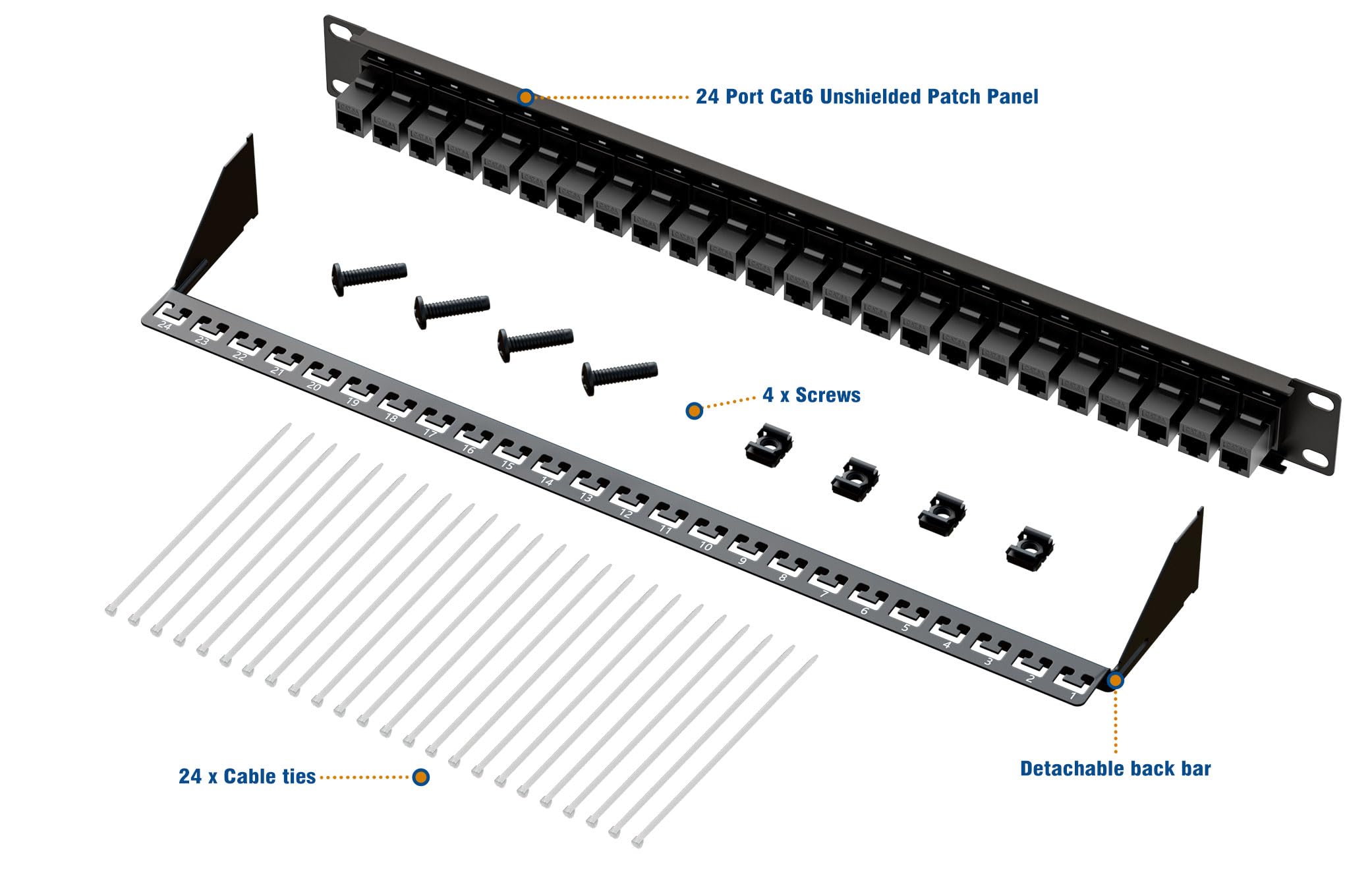 iwillink Pannello patch Cat6A da 10 Gbps a 24 porte, Keystone Patch Panel UTP da 48 cm con barra posteriore, montaggio a parete o montaggio a rack, compatibile con cablaggio Cat5, Cat5e, Cat6, Cat6A