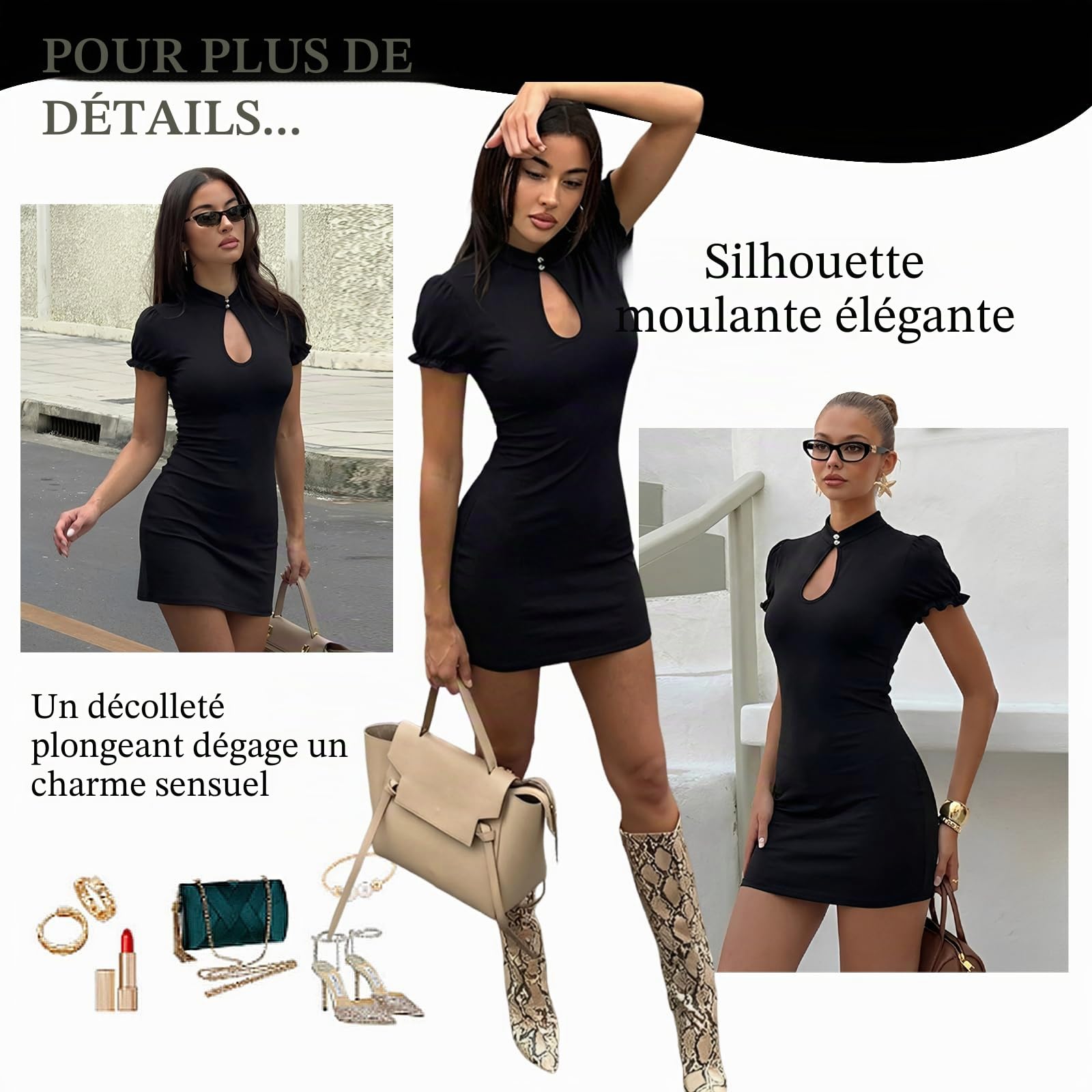 Robe Courte Femme Sexy Moulante Mini Robes à Manches Courtes Chic et Élégante Wrap Robe de Soiree D'été Bodycon Robes pour Cocktail Fête Clubbing