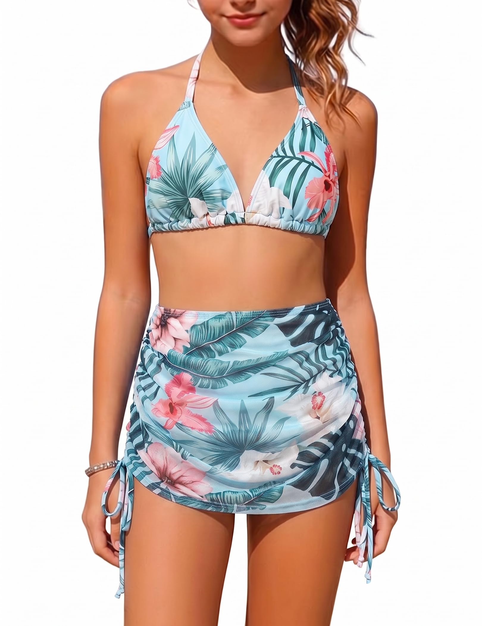 Arshiner Mädchen Bikini Set 3-teilig Kinder Neckholder Badeanzuge mit Rock Sommer Blumendruck Schwimmanzug für Mädchen 7-15 Jahre