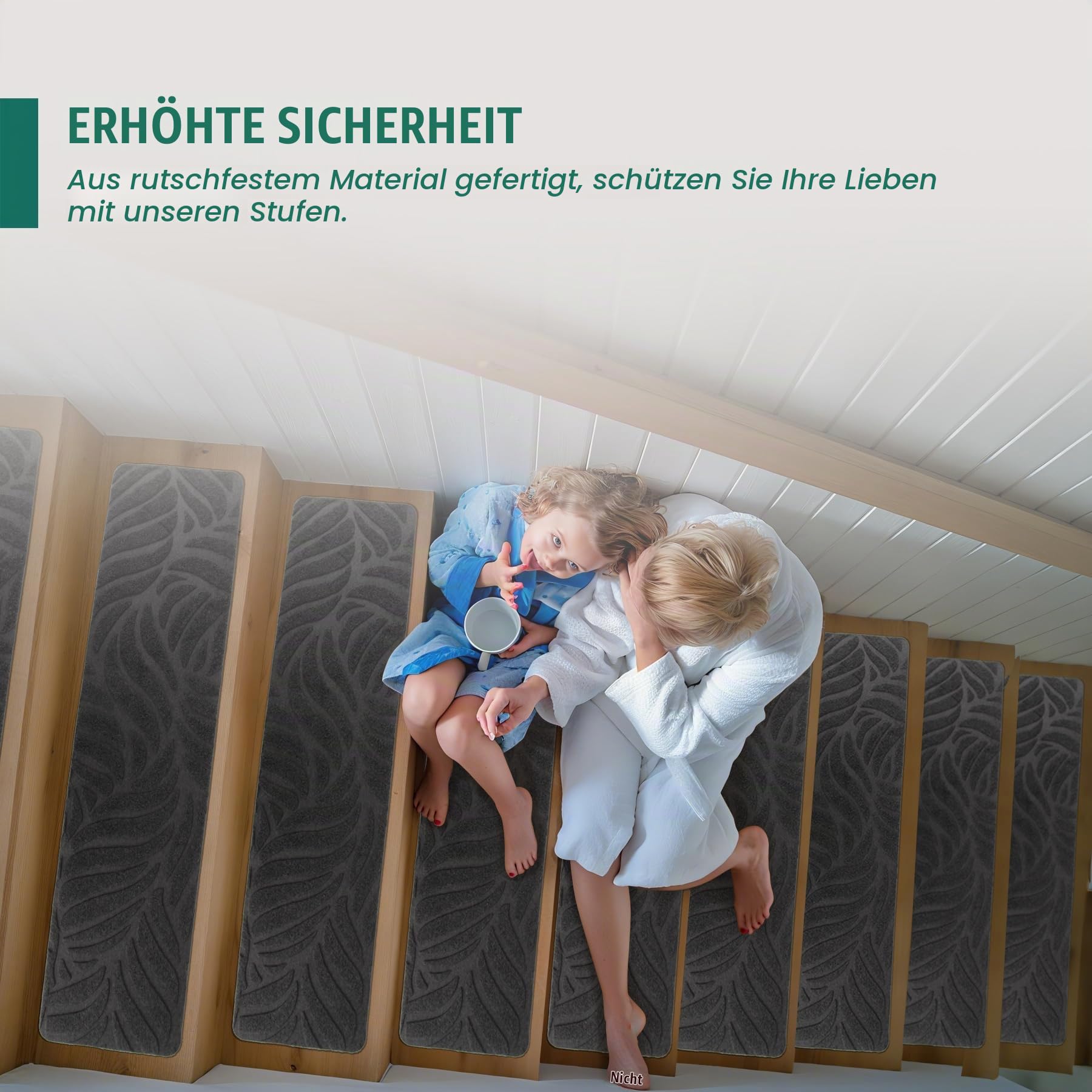 Treppenstufenmatten Selbstklebend 15 Stück, 76 x 20 cm Anti-Rutsch Stufenmatten Zuschneidbar, Rückstandsfrei Waschbar Treppenteppich für Holztreppen Innen, Sicher für Kinder Hunde Senioren(Grau Laub)