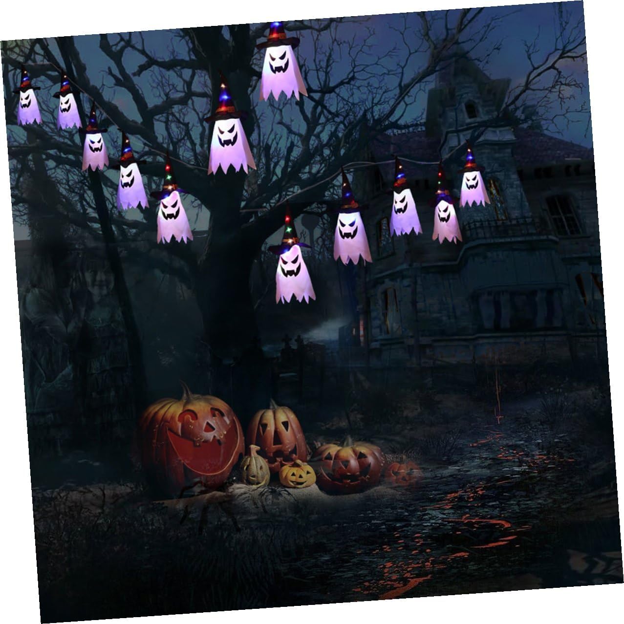 Operitacx Halloween LED String Lights Ghost Curtain Decoration USB Powered Fabric Hanging Indoor Halloween Party Decorative String Lights for Bedroom and Home