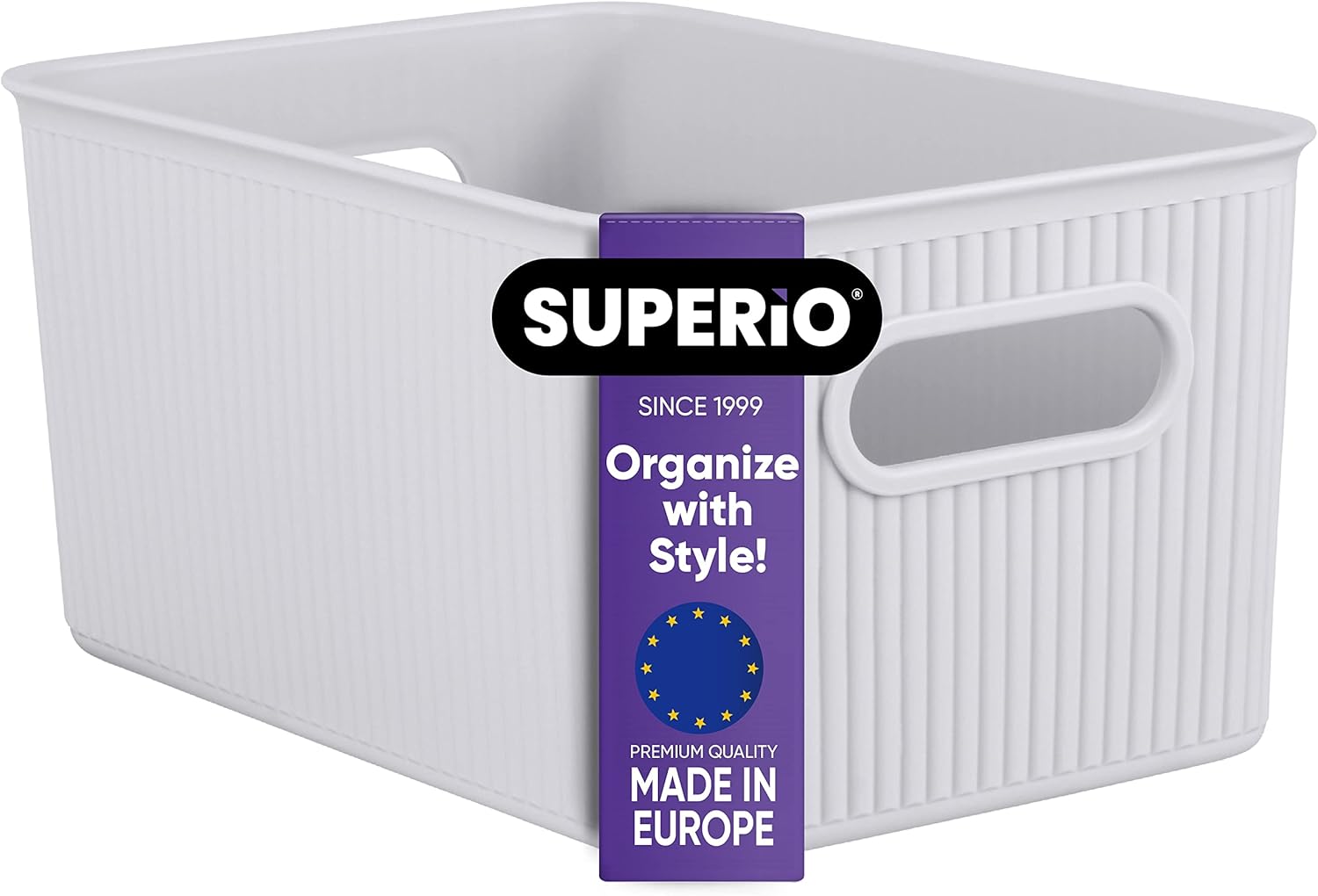 Superio Ribbed Collection - Decorative Plastic Basket Open Home Storage Bins Organizer, Large White Smoke (1 Pack) Container Boxes for Organizing Closet Storage Bins for Shelves 15 Liter/16 Quart