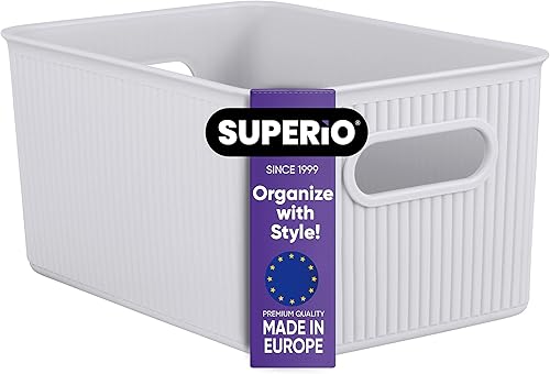 Superio Ribbed Collection – Cestas organizadoras de almacenamiento doméstico abiertas de plástico decorativo, color blanco humo mediano