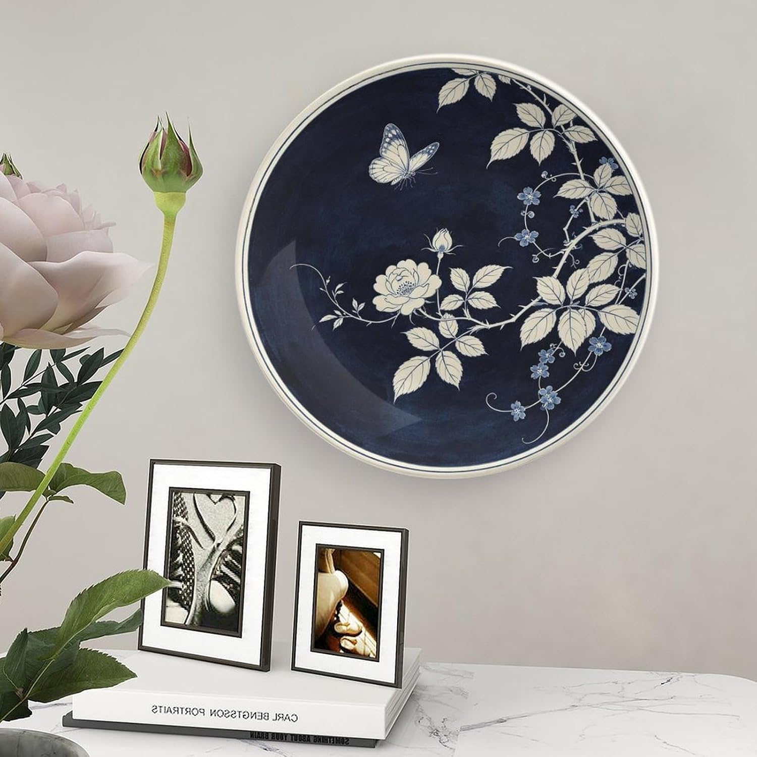 Blue White Porcelain Decor Plate, Plum Branches with Butterflies for Elegant Living Space Bone China Decorative Plate, 8inch Wall Art Home Decor