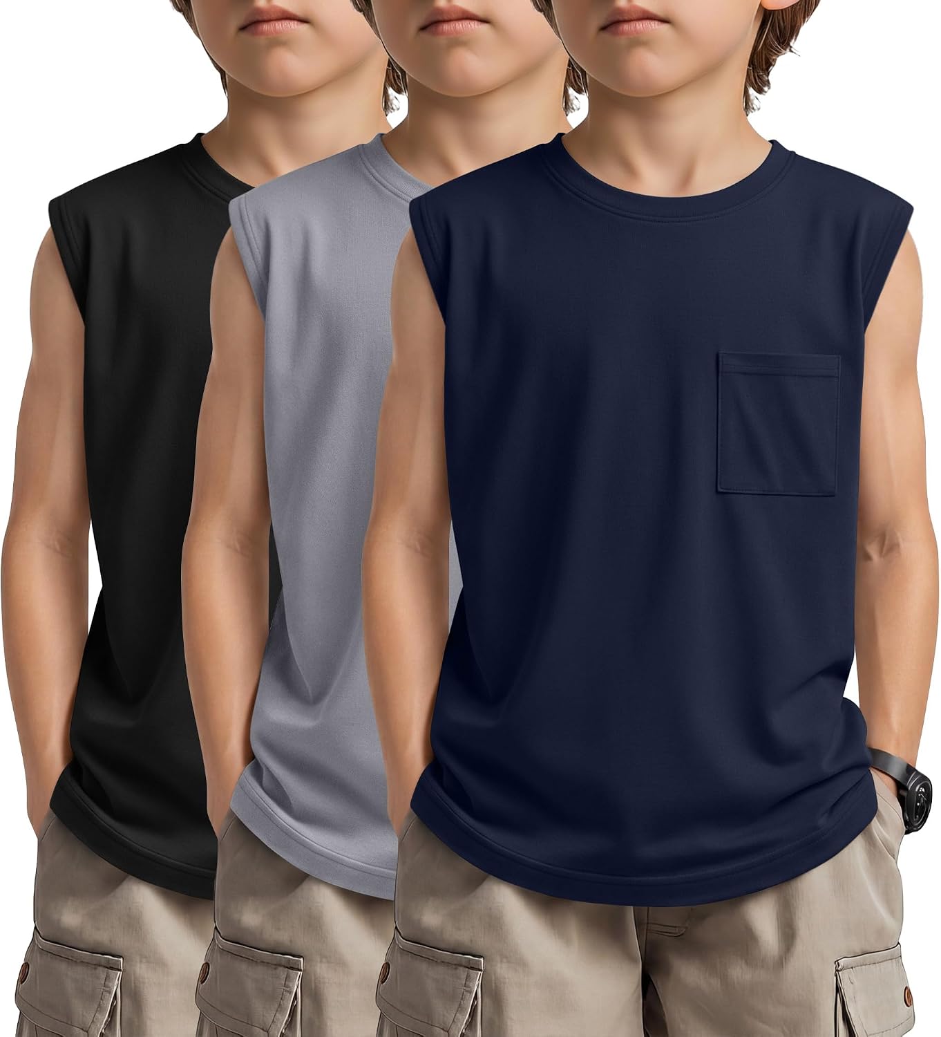 3 Pack Boys Tank Tops Sleeveless Shirts with Pocket Athletic Casual Crewneck Active Kids Basic Tees 5-14Y