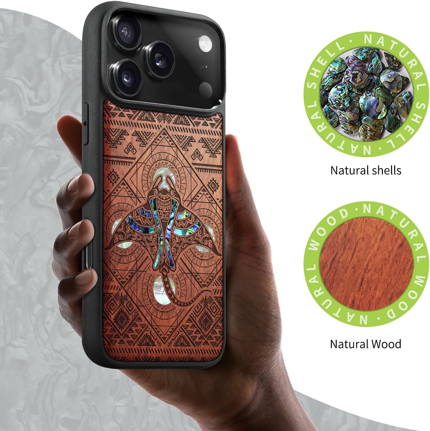 Carveit Magnetic Case for iPhone 17 Pro Max Case, Wood Artisan Engraved & Handmade Shell Inlaid, TPU Shockproof Cover, Compatible with MagSafe Wireless Chargers (The Tribal Manta Rays-Rosy)