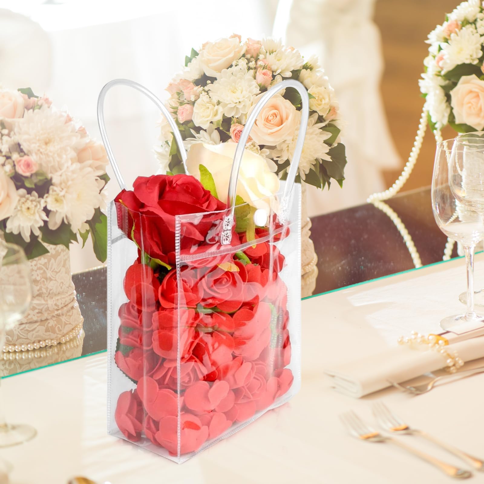 UNICRAFTALE 15 Sacchetti Regalo In Plastica PVC Trasparente Rosa Con Manici - 26x18x8 Cm, Piega Facile, Con Nastro Champagne, Per Feste E Matrimoni