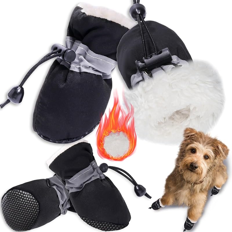 Botas para Cães TEOZZO com Forro de Fleece, Solado Antiderrapante e Faixa Refletiva, Preto, Tamanho 5, Pacote com 4