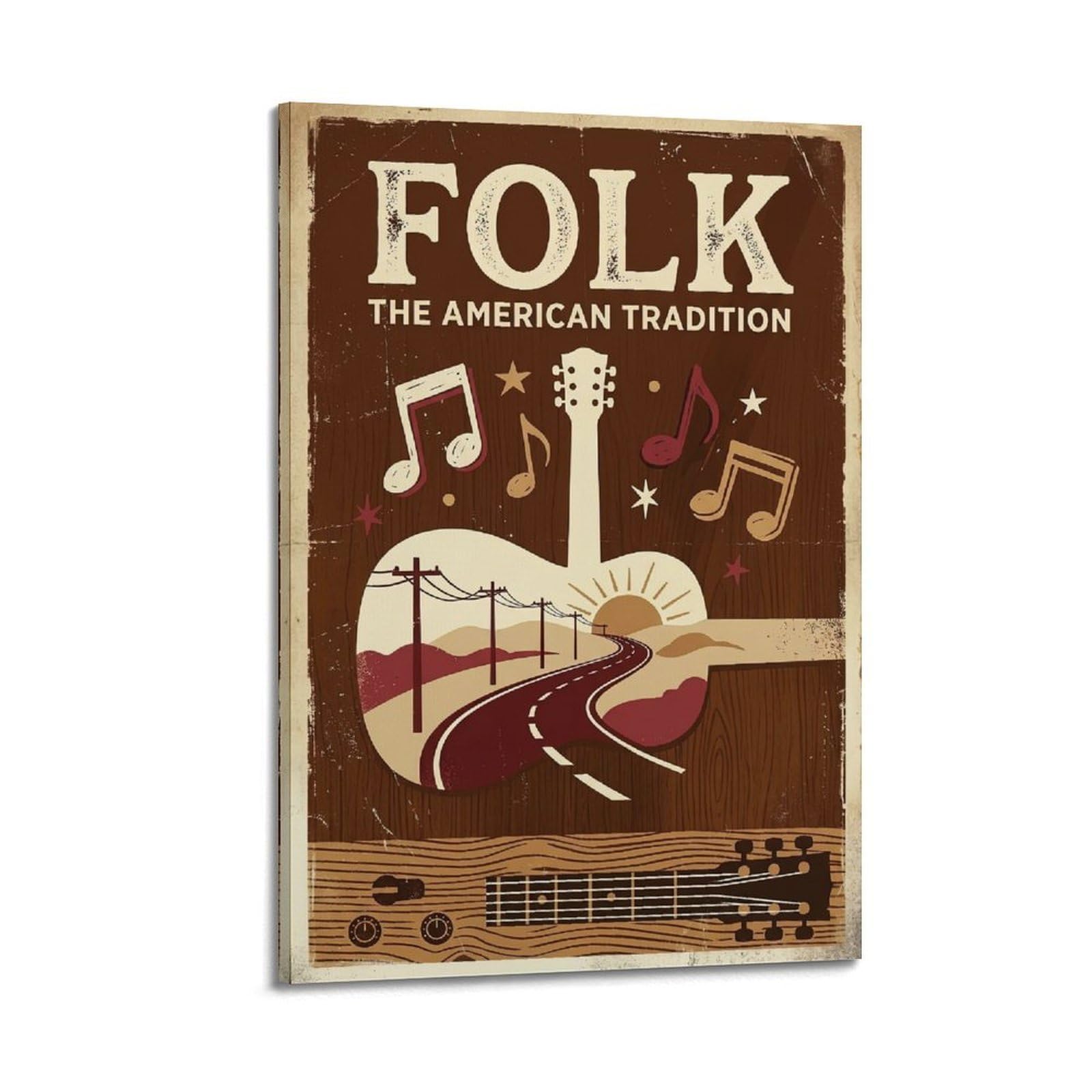 Okngb Frame-Style Vintage Retro Guitar & Highway American Folk Music Poster Decorative Painting Canvas Art Picture 20X30inch(50X75cm)