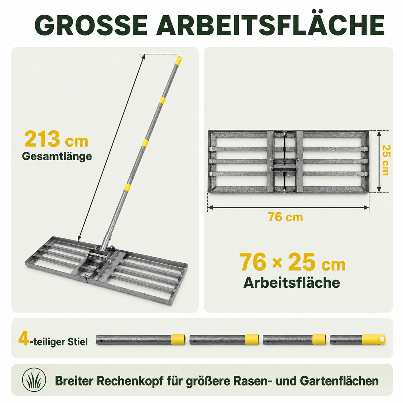 Rasenrakel 213 cm, 76 x 25 cm Rasen-Nivelliergerät aus Edelstahl