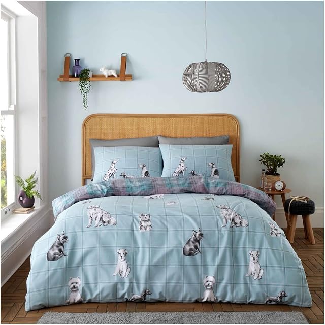 Lions Animal Print Bedding - Double Duvet Set with Pillowcase, Reversible Tartan Check Quilt Cover, Cute Dog Poly Cotton Bed Sets, Easy Care Super Soft, Button Closure, 200x200cm