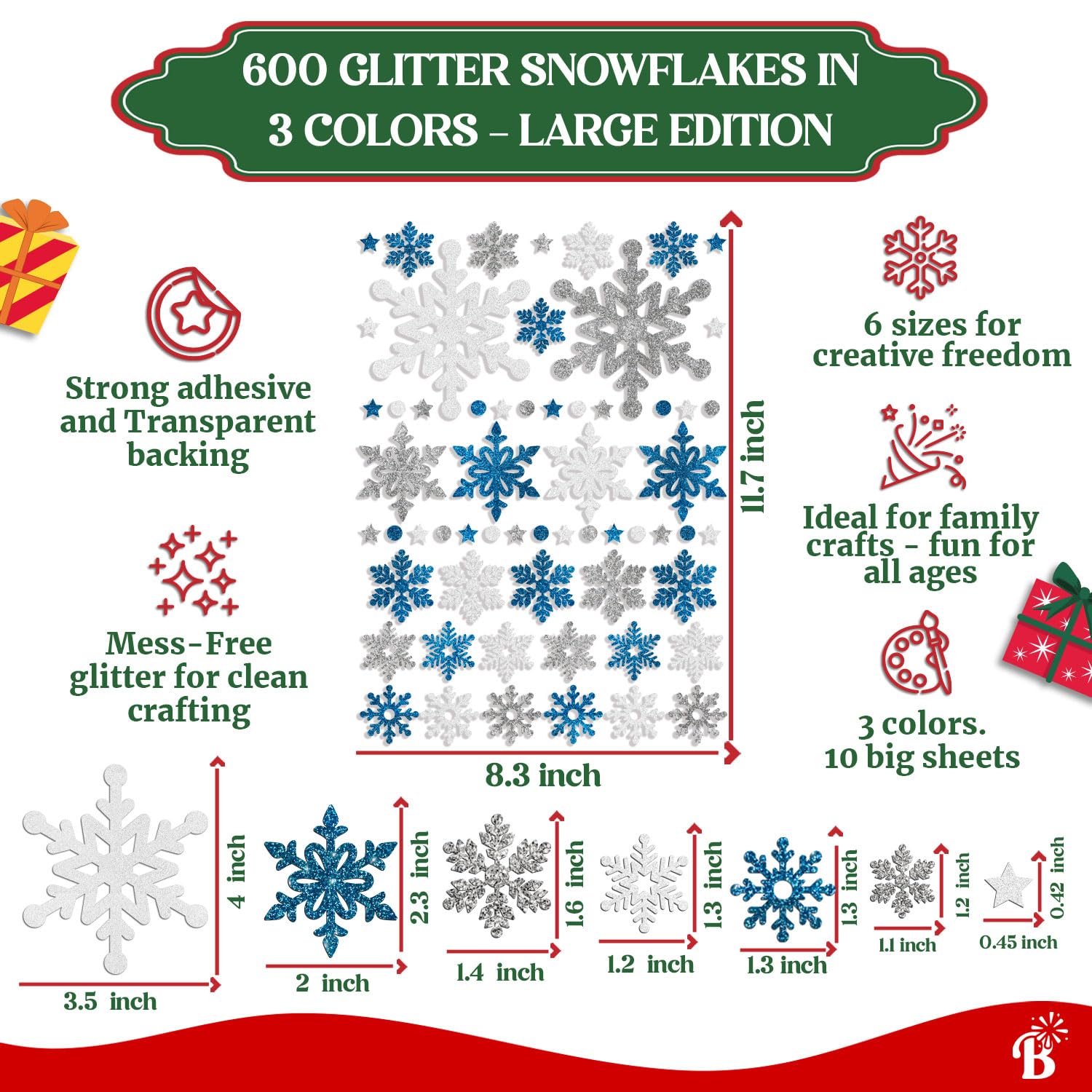 Schneeflocken Aufkleber Groß Echt Glitzer Weihnachtsaufkleber für Umschläge Schneeflocken Aufkleber zum Basteln Weihnachtskarte Aufkleber für Umschläge Blau, Weiß Silber Schneeflocken Aufkleber Happy