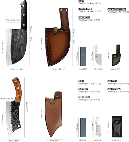 Miniatura 5 de XYJ Cuchillo de chef serbio forjado hecho a mano de 6.7 pulgadas, cuchillo de carnicero de 6.2 pulgadas para acampar y cazar con mangas de cuero